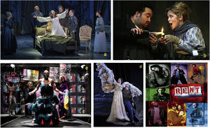 Operas with characters with tuberculosis or AIDS/HIV. Note: clockwise from top left: (a) Valéry in La Traviata; (b) Mimi in La Bohème; (c) Mimi Márquez, Roger Davis, Angel Dumott Schunard and Tom Collins in Rent; (d) Prior Walter in Angels in America; and (e) Simon Knoli in GLOW.