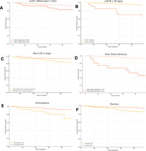 Kaplan–Meier survival curves for major adverse cardiovascular events of patients with type 2 diabetes depending on the clinical features (Panels A–D) or drugs studied (Panels E, F) that obtained statistical significance. Panel (A) represents the presence of eGFR<60mL/min/1.73m2, and Panel (B) represents uACR≥30mg/g, Panel (C) patients who meet LDL-C target at baseline of study, Panel (D) represent heart failure admission, Panel (E) represents anticoagulants and Panel (F) represents diuretics. Abbreviations: eGFR, estimated glomerular filtration rate; LDL-C, low-density lipoproteins cholesterol, uACR, urine albumin-creatinine ratio.