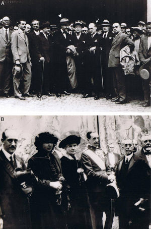 A) Celedonio Calatayud (flecha blanca) en el Congreso de Medicina de La Habana, en diciembre de 1927, con Gregorio Marañón (cabeza de flecha). B) Celedonio Calatayud a la izquierda de la imagen, con Madame Curie y el Rey Alfonso xiii (los dos juntos en el centro) durante el Congreso Nacional de Medicina en 1919.