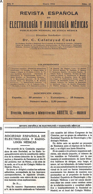 A) Portada del número de enero de 1916 de la Revista Española de Electrología y Radiología Médicas en la que se anuncia la creación de la Sociedad del mismo nombre. B) Texto en el interior de la revista anunciando la constitución de la Sociedad.
