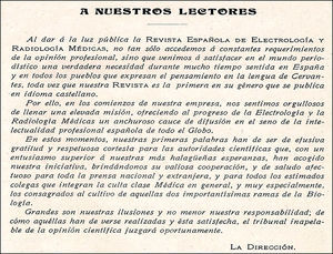 Editorial del primer número de la Revista Española de Electrología y Radiología Médicas, el 25 de enero de 1917.