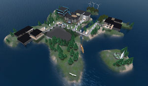 Vista aérea de la isla donde se han desarrollado nuestros proyectos de aprendizaje de radiología en Second Life®: The Medical Master Island.