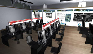 Contenidos permanentes en la isla que los usuarios pueden visitar a demanda, en forma de paneles en la pared con una presentación web o monitores de autoestudio, cada uno de ellos con 10 casos de radiografías simples.