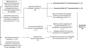 Selección de muestras. Se muestran en negrita los casos en los que se evaluó la contribución de la inteligencia artificial en función de la gravedad de la neumonía y en los casos normales frente a los patológicos. * Según los dos radiólogos expertos que compusieron la prueba de referencia tras evaluar a ciegas las radiografías y las tomosíntesis 3D. ** Según el radiólogo más experimentado que haya evaluado la radiografía.
