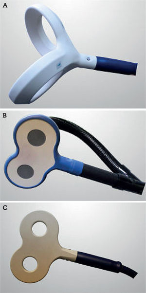 Tipos de bobina utilizados en estimulación magnética transcraneal. A: bobina de doble cono. B: bobina en forma de ocho (activa). C: bobina en forma de ocho (placebo).
