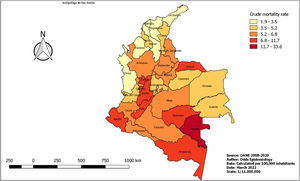 Choropleth map of suicide mortality rates in Colombia by region (2008–2020).