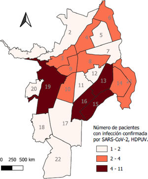 Mapa de la distribución por comuna del número de pacientes con infección confirmada por SARS-CoV-2 atendidos en un hospital psiquiátrico.