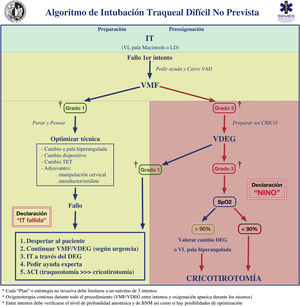 Algoritmo de tratamiento de la intubación traqueal no prevista. † Grados de ventilación según la forma de onda de la capnografía; AII: acceso infraglótico invasivo; CRICO: cricotirotomía; DEG: dispositivo extraglótico; IT: intubación traqueal; LD: laringoscopio directo; NINO: situación no intubable-no oxigenable; SpO2: saturación periférica de oxígeno; TET: tubo endotraqueal; VAD: vía aérea difícil; VDEG: ventilación con dispositivo extraglótico; VL: videolaringoscopio; VMF: ventilación con mascarilla facial.