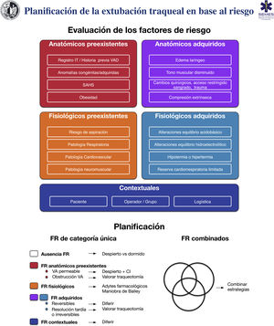 Ayuda cognitiva para la planificación, estratificación del riesgo y toma de decisiones para la extubación de la VA. Adytes: adyuvantes; CI: catéter de intercambio; FR: factores de riesgo; IT: intubación traqueal; SAHS: síndrome de apneas-hipopneas del sueño; VA: vía aérea; VAD: vía aérea difícil.
