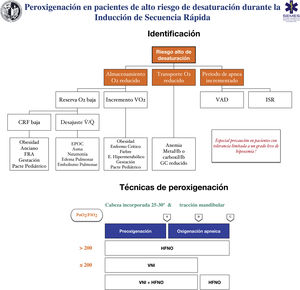 Herramienta teórico/educativa para la detección de pacientes con alto riesgo de desaturación y técnicas de preoxigenación y oxigenación apneica recomendadas durante la inducción de secuencia rápida. A: inducción anestésica; B: laringoscopia; C: intubación traqueal; CRF: capacidad residual funcional; Desajuste V /Q : desajuste ventilación/perfusión; EPOC: enfermedad pulmonar obstructiva crónica; GC: gasto cardíaco; FRA: fallo respiratorio agudo; HFNO: oxigenoterapia nasal de alto flujo; ISR: inducción de secuencia rápida; VNI: ventilación no invasiva; VO2: consumo de oxígeno. Esta figura ilustra los 2 métodos utilizados para aumentar las reservas pulmonares de oxígeno: preoxigenación y oxigenación apneica. La preoxigenación se refiere al oxígeno aplicado antes de la inducción anestésica, mientras que la oxigenación apneica se refiere al suministro de oxígeno después de perder la ventilación espontánea. Fuente: adaptada de Gómez-Ríos MA, Úbeda-Iglesias A, Esquinas AM. Anesthesiology Pre-intubation and upper airways procedure. Respiratory care in non invasive mechanical ventilatory support. principles and practice. Esquinas AM, AlAhmari MD. Nova Science Publishers. New York. 2021.