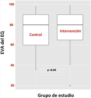 Efecto del programa de intervención en la escala visual analógica (EVA) en comparación con los cuidados estándar transcurridos 6 meses de la visita basal.