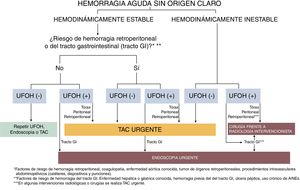 Algoritmo de Ultrasound For Occult Haemorrhage (UFOH). AINE: antiinflamatorios no esteroideos; GI: gastrointestinal; TAC: tomografía axial computarizada.