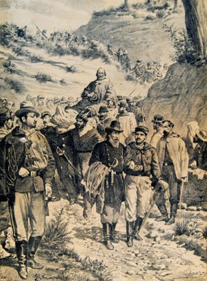 Ilustración de la época que representa el transporte de Garibaldi herido en un ambiente de fraternidad entre los soldados partidarios.
