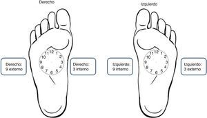 Ilustración de la localización de las horas del reloj en el miembro inferior izquierdo y el derecho.