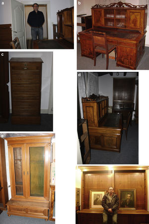 La primera habitación de la casa, con (a) mobiliario usado por Roentgen: (b) su escritorio, (c) un gabinete de archivo y (d y e) sus bibliotecas. (f) En una de ellas, se aprecia una fotografía y un retrato al óleo del físico.