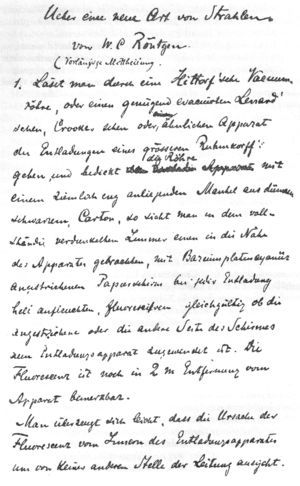 Manuscrito de la primera comunicación de Röntgen (Museo Röntgen, Lennep).