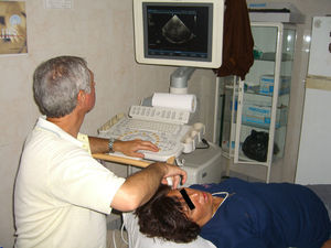 Exploración transcraneal por ultrasonografía: el paciente se ubica en decúbito dorsal con el explorador sentado hacia su extremo cefálico.