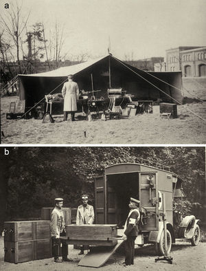 (a) Cabina de radiología durante la Primera Guerra Mundial. (b) Automóvil asistencial radiológico.