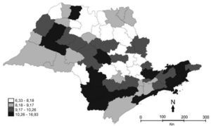 Mapa temático da distribuição das taxas de mortalidade neonatal total, por 1000 nascidos vivos, segundo microrregiões, São Paulo, 2006‐2010.