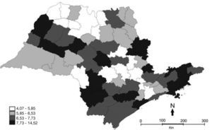 Mapa temático da distribuição das taxas de mortalidade neonatal precoce, por 1000 nascidos vivos, segundo microrregiões, São Paulo, 2006‐ 2010.