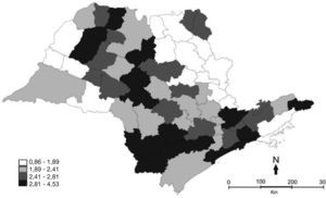 Mapa temático da distribuição das taxas de mortalidade neonatal tardia, por 1000 nascidos vivos, segundo microrregiões, São Paulo, 2006‐2010.