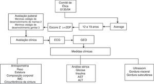 Descrição do fluxograma do estudo. ECG, eletrocardiograma; GEO, Grupo de Estudo em Obesidade; AST, aspartato aminotransferase; ALT, alanina aminotransferase.