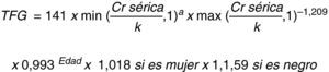 Ecuación CKD-EPI. k=0,7 si es mujer o 0,9 si es hombre, y a=–0,329 para mujeres y –0,411 para hombres.