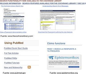 Ayudas de las bases de datos Cochrane, PubMed y Epistemonikos.
