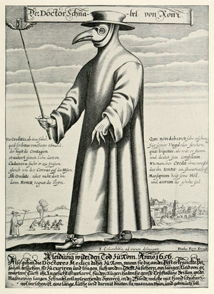 Paul Fürst, Der Doctor Schnabel von Rom. 1656. Grabado en cobre del “Doctor de la Peste”, en Roma. Imagen tomada de Wikipedia, The plague doctor. Imagen de dominio público.