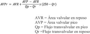 Muestra los componentes de la fórmula necesarios para el cálculo del área valvular proyectada, en donde básicamente se requiere la cuantificación de áreas y flujos en el reposo y con dosis pico de dobutamina ajustados a una constante de 250.