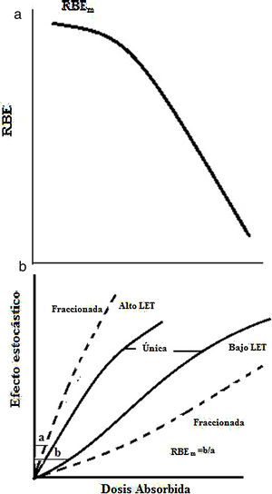 Forma de curvas dosis-respuesta para radiaciones de alto y bajo LET. en la inducción de cáncer3,13