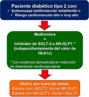 Terapia antidiabética recomendada en pacientes con diabetes mellitus 2 con enfermedad cardiovascular establecida o riesgo cardiovascular alto o muy alto.