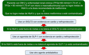 Recomendaciones para el uso de inhibidores de SGLT-2 y AR-GLP1 en diabéticos tipo 2 con enfermedad renal diabética que no está en metas de HbA1c. Adaptada de Sarafidis P, et al. Nephrol Dial Transplant. 2019;34:208-3076.