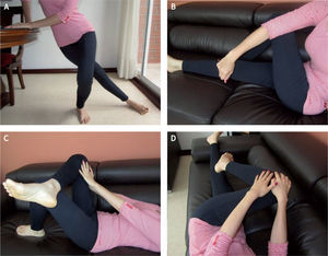 Imágenes que muestran la forma de hacer estiramiento de la banda iliotibial y los tendones glúteos.