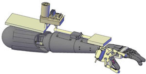 Vista en 3D de los motores con la órtesis y colocados en un brazo.