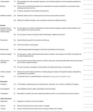 CONSORT 2010 checklist of information to include when reporting a randomised trial*. *We strongly recommend reading this statement in conjunction with the CONSORT 2010 Explanation and Elaboration for important clarifications on all the items. If relevant, we also recommend reading CONSORT extensions for cluster randomised trials, non-inferiority and equivalence trials, non-pharmacological treatments, herbal interventions, and pragmatic trials. Additional extensions are forthcoming: for those and for up to date references relevant to this checklist, see www.consort-statement.org.