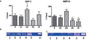 a) Análisis zimográfico de las muestras del lisado tisular cuantificadas por densitometría. La presencia de un símbolo indica p<0,05. (*) vs. basal, (•) vs. alendronato control, (×) vs. alendronato preventivo, (Ø) vs. adyuvante b) Imagen de la zimografía correspondiente a MMP-2 1) basal 2) alendronato control 3) alendronato tardío 4) alendronato preventivo 5) adyuvante control 6) control MMP-2. c) imagen de la zimografía correspondiente a MMP-9 1) basal 2) alendronato tardío 3) alendronato temprano 4) alendronato control 5) adyuvante control 6) control MMP-9.