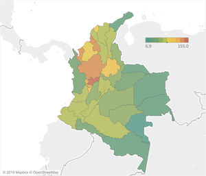 Prevalencia de la enfermedad intestinal inflamatoria entre los años 2012 y 2016 por departamentos en Colombia. La prevalencia se calcula con la población media del periodo como denominador×100.000 habitantes.