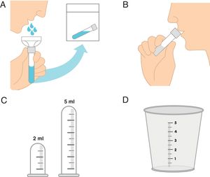 Técnicas de recolección de saliva para la medición de FSNE. A. Técnica de drenaje utilizando embudo que permite el escurrimiento pasivo de la saliva a través del mismo para llegar al dispositivo de recogida. B. Técnica de escupir la saliva recogida en el piso de la boca cada 60s utilizando directamente el dispositivo de recogida. C. Dispositivos de recogida tipo tubo vial o tubo plástico transparente de ensayo (microcentrífuga) graduados, ideal de 2 a 5ml. D. Dispositivo de recogida tipo vaso plástico graduado de precipitado. Algunos autores indican que se podría utilizar el vaso o dispositivo de recogida directamente sin el embudo en la técnica de drenaje pasivo (técnica A).