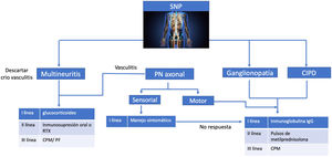 Manejo para compromiso sistema nervioso periférico, adaptado de las guías EULAR 2019120.