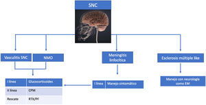 Manejo para compromiso sistema nervioso periférico, adaptado de las guías EULAR 2019120.