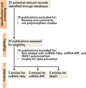 PRISMA flow diagram of study selection process for the association between miR-146a, miR-499 and IRAK1 polymorphism and the risk of SLE.