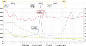 Evolution during the admission. CRP: C reactive protein; PLT: platelet count; HB: hemoglobin; DLY: hemodialysis; MTP: methylprednisolone 1g; PRD: prednisone 50mg/day; IVIgG: Intravenous immunoglobulin G 1g/kg; TCZ: tocilizumab 4mg/kg; RBC: red blood cells.