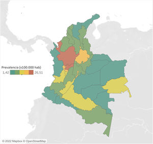 The prevalence is calculated with the average population of the period as denominator ×100,000 inhabitants.