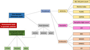 Clinimetric tools in psoriatic arthritis. PsARC: Psoriatic Arthritis Response Criteria. DAPSA: Disease Activity in Psoriatic Arthritis. LDI: Leeds Dactylitis Index. MEI: Mander/Newcasttle Enthesitis Index. MASES: Maastricht Ankylosing Spondylitis Enthesitis Index. SPARCC: Spondyloarthritis Research Consortium of Canada. LEI: Leeds Enthesitis Index. ASDAS: Ankylosing Spondylitis Disease Activity Score. BASDAI: Bath Ankylosing Spondylitis Disease Activity Index. BASFI: Bath Ankylosing Spondylitis Functional Index. CPDAI: Composite Psoriatic Arthritis. PASDAS: Psoriatic Arthritis Disease Activity Score. MDA: Minimal Disease Activity.