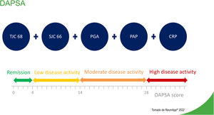 Taken from Reumapp® mobile device application, available in AppStore and Google Play. TJC: Tender Joint Count. SJC: Swollen Joint Count. PGA: Patient Global Assessment. PAP: Patient Assessment of Pain. CRP: C-Reactive Protein.