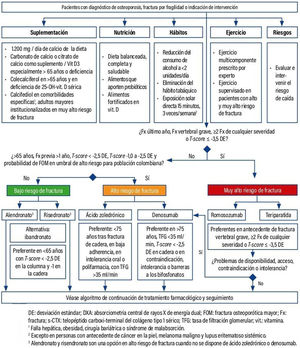 Algoritmo para el tratamiento de la osteoporosis primaria posmenopáusica y asociada al envejecimiento. DE: desviación estándar; FOM: fractura osteoporótica mayor; Fx: fractura; TFG: tasa de filtración glomerular; Vit: vitamina. 1 Falla hepática, obesidad, cirugía bariátrica o síndrome de malabsorción. 2 Excepto en personas con antecedente de cáncer de piel, melanoma maligno o lupus eritematoso sistémico. 3 Opcional en alto riesgo de fractura.