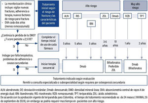 Continuidad de tratamiento en osteoporosis. ALN: alendronato; IBN: ibandronato; DE: desviación estándar; Dmab: denosumab; DMO: densidad mineral ósea; DXA: absorciometría de rayos X de energía dual; RIS: risedronato; RZB: romosozumab; TPT: teriparatida; ZOL: ácido zoledrónico. En Colombia, la teriparatida está aprobada para un máximo de 24 meses (INVIMA, 26 de septiembre de 2024), aunque podría requerirse un uso prolongado en pacientes de alto riesgo.