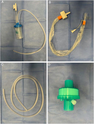 Required supplies. (A) Collector bottle (also known as Lukens trap). (B) Siliconized polyvinyl-chloride probe with a closed endotracheal suction system. (C) T63 tubing. (D) Heat & moisture exchanger filter.