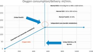 Oxygen consumption/delivery curve. On the Y-axis, the VO2 consumption is represented, with a normal value ranging from 150 to 300 ml/kg/min. On the X-axis, there is DO2, which under physiological conditions is around 4-8 ml/kg/min or 800 to 1,100 ml/min. The critical DO2 is the point at which TextO2 and VO2 become dependent on DO2, entering the dependent zone where an oxygen debt occurs; at this moment, lactate levels can rise, and the CO2 gap can increase. Under aerobic metabolism conditions, VO2 can remain constant (4-8 ml/kg/min) even as DO2 decreases. Upon reaching the critical DO2, the cell adopts a predominantly anaerobic metabolism, leading to a decrease in both VO2 and TextO2 as DO2 falls. VO2: oxygen consumption. TextO2: oxygen extraction rate. DO2: oxygen delivery. Critical DO2: critical oxygen delivery. Authorship: authors adapted from Cannon JW.9